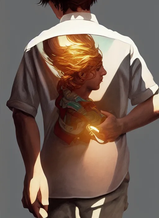 Image similar to perfectly - portrait of a boy wearing shirt from behind, backlighting, intricate, highly detailed, digital painting, artstation, concept art, smooth, sharp focus, illustration, unreal engine 5, 8 k, art by artgerm and greg rutkowski and alphonse mucha