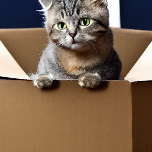 Prompt: cat sticking his head out of a small hole in a cardboard box