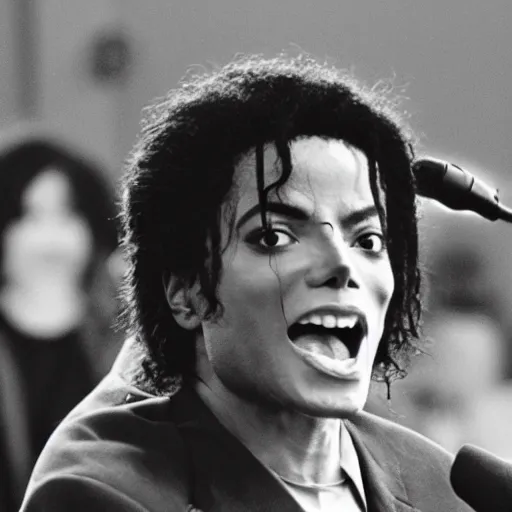 Image similar to cinematic still of Michael Jackson preaching at a Baptist Church in Rural Tennessee, close up, shallow depth of field, cinematic