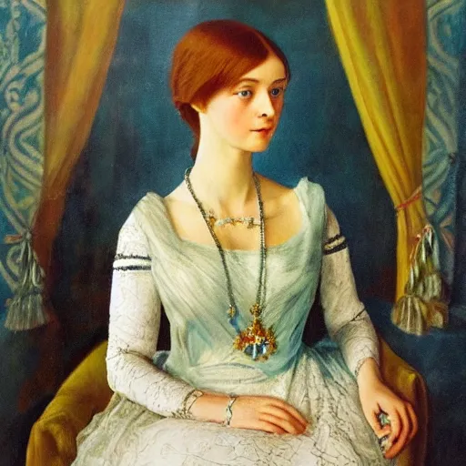 Prompt: portrait of Anastasia Nikolaevna, high quality, vivid, highly detailed, alternate history, Romanov, Russian princess, Philip de László , Romanticism, 1921