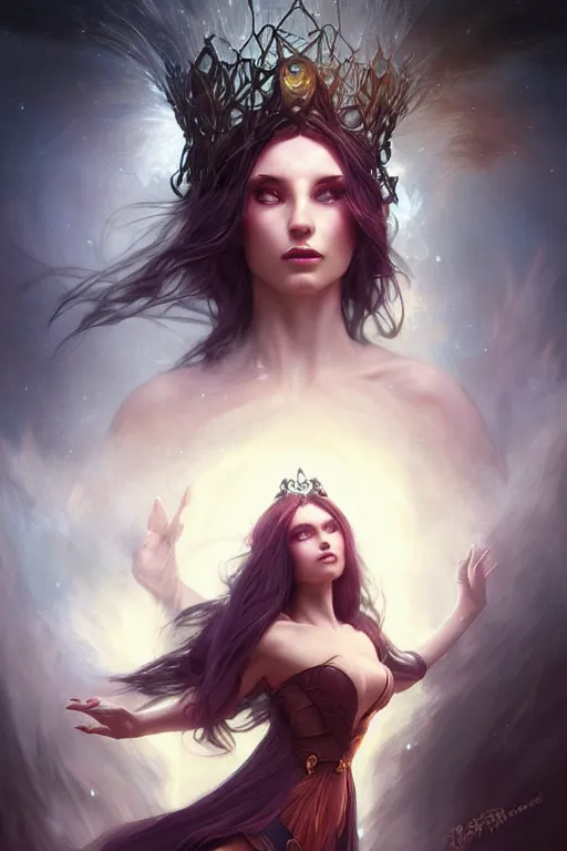 Image similar to seductive looking sorceress prays!!! magic the gathering, windy hair!, surreal dark fantasy, cinematic volumetric lights, portrait, dnd, intricate, elegant, highly detailed, digital painting, artstation, concept art, smooth, sharp focus, illustration, art by artgerm and tom bagshaw and greg rutkowski and alphonse mucha