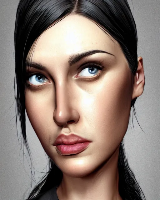 Image similar to portrait of a tall 4 0 - year - old woman with thin lips, heavy - lidded eyes, a strong jaw and long, thick shining black hair, thick eyebrows and long eyelashes, wearing in black clothes, hyper realistic face, beautiful eyes, character art, art by mark brooks, hyperdetailed, cryengine, trending on artstation, digital art