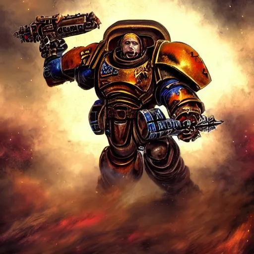 Image similar to space marine fight with a big ork, warhammer 4 0 0 0 0, warhammer 4 0 k, trending on art station, dark, post - apocaliptyic, emotional, digital art