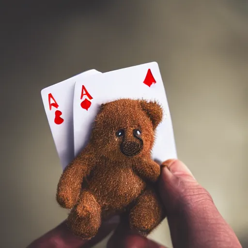 Prompt: a photograph of a teddybear holding a pack of playing cards, 50mm, depth of field