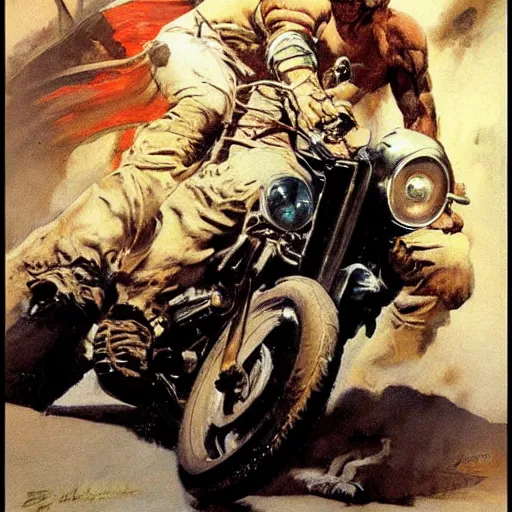 Image similar to into glory ride, artwork by Frank Frazetta, motorcycle, muscular man