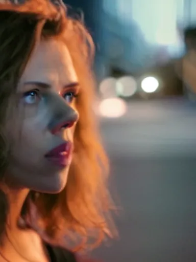 Image similar to “ movie screen shot of under the skin, charismatic scarlett johansson is looking down a street at night, suspense, cinematic, epic, dramatic ”