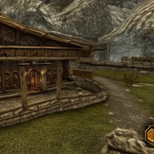 Image similar to Elder Scrolls Skyrim game screenshot of a large house shaped like a fox, made of wood