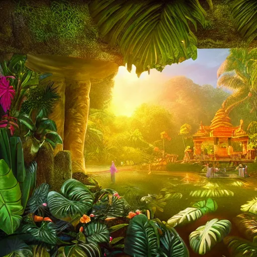 Image similar to a jungle temple surrounded by giant beautiful tropical flowers, photography, golden hour, bokeh, gamma, 8 k, full - hd, volumetric light, artstation, by bob byerley