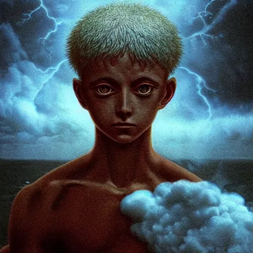 Prompt: killua zoldyck made by zdzisław beksinski, thunderstorm, 8 k, detailed, cinematic, rain, crying, blue, breathtaking, artistic, dramatic lighitng