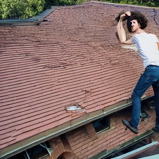 Image similar to photo of 40 year old tall skinny man with curly brown hair destroying a roof