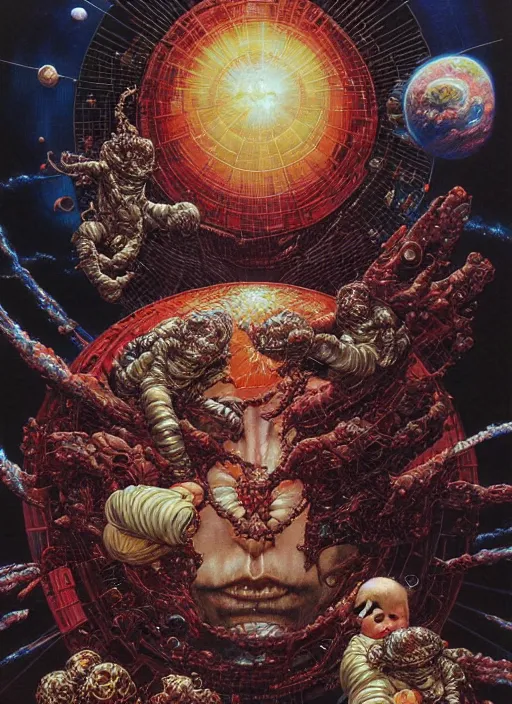 Prompt: realistic detailed image of a vladimir putin devouring babies in the outer space by Ayami Kojima, Amano, Karol Bak, Greg Hildebrandt, and Mark Brooks, Neo-Gothic, gothic, rich deep colors. Beksinski painting. art by Takato Yamamoto. masterpiece