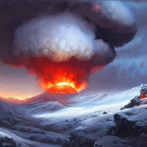 Image similar to an nuclear explosion in blizzardy mountains, Matte painting , detailed painting, greg rutkowski