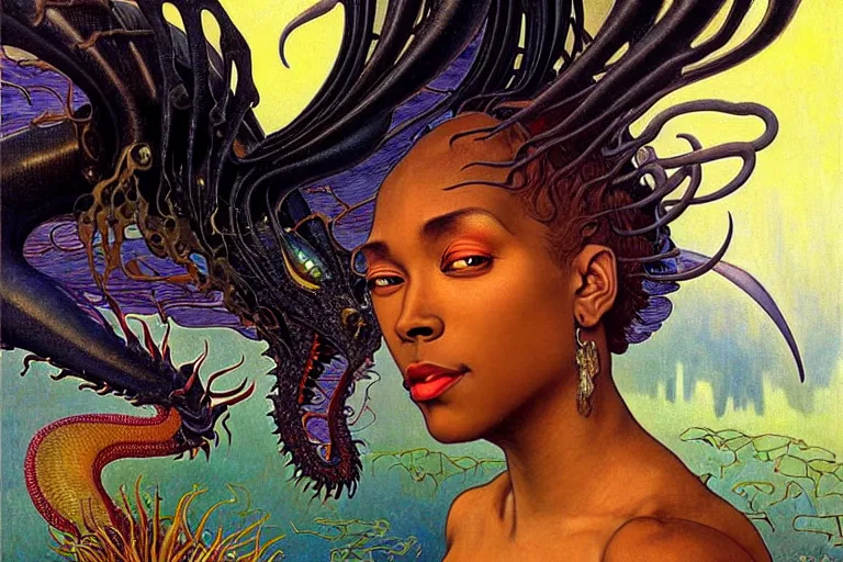 Image similar to realistic extremely detailed closeup portrait painting of a beautiful black woman, mutant dragon and a single old house on background by Jean Delville, Amano, Yves Tanguy, Alphonse Mucha, Ernst Haeckel, Edward Robert Hughes, Roger Dean, rich moody colours