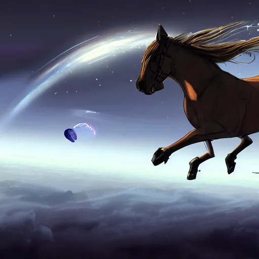Prompt: fantasy sci fi horse flying in space concept art