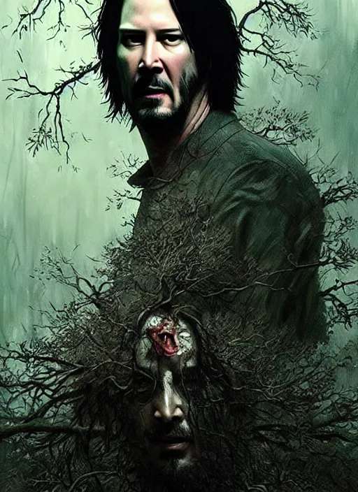 Image similar to highly detailed horror movie poster with angry creepy keanu reeves as a tree, keanu reeves faces in the bark of many trees sentient leafy catastrophe by greg rutkowski, masterpiece, really funny, 1 0 / 1 0 creepy