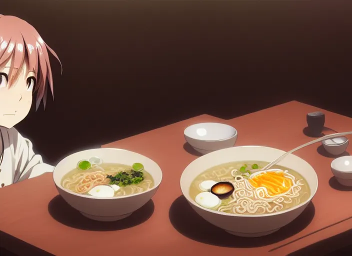 Prompt: a film still portrait of a bowl with ramen, finely detailed features, closeup at the food, perfect art, at a dinner table, gapmoe yandere grimdark, trending on pixiv fanbox, painted by greg rutkowski makoto shinkai takashi takeuchi studio ghibli, akihiko yoshida