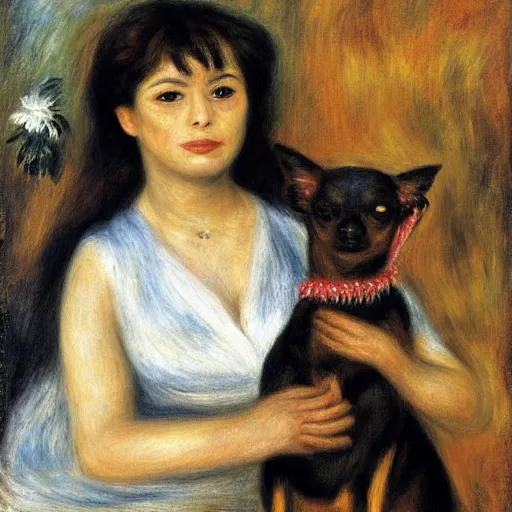 Prompt: a woman and her black and brown chihuahua by pierre - auguste renoir