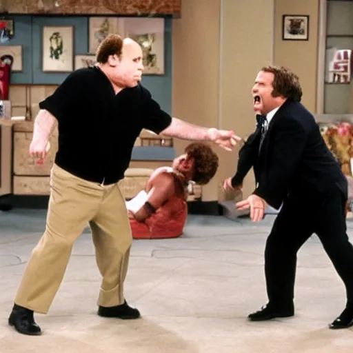 Image similar to danny devito and will ferrell in a fight to the death