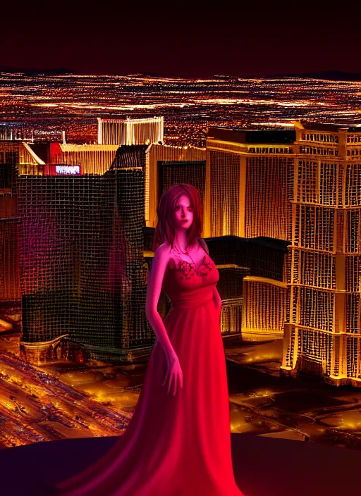 Image similar to full body portrait, duchess of blood, night shot of las vegas in background, highly detailed, CGsociety, subtle, concept art, HDR, hyper realistic, volumetric lighting, subsurface scattering, unreal