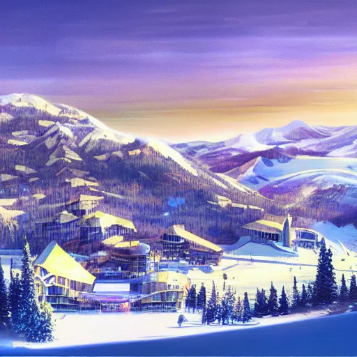 Prompt: iridescent ski resort, concept art, architecture plans