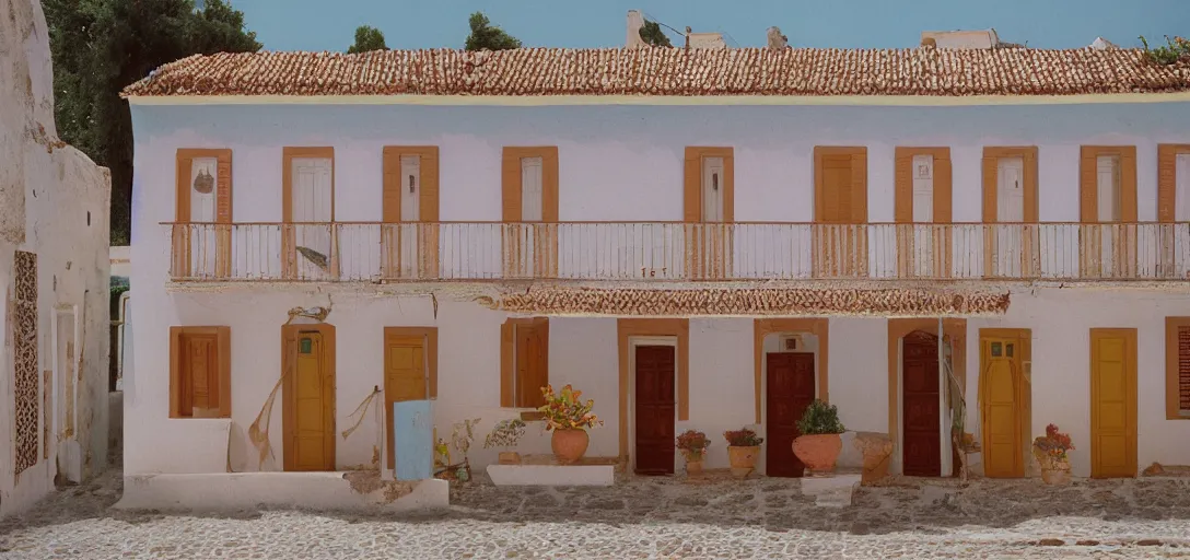 Image similar to colonial house in greece with multicolored portuguese tiles. photographed by wes anderson. fujinon premista 1 9 - 4 5 mm t 2. 9. portra 8 0 0.