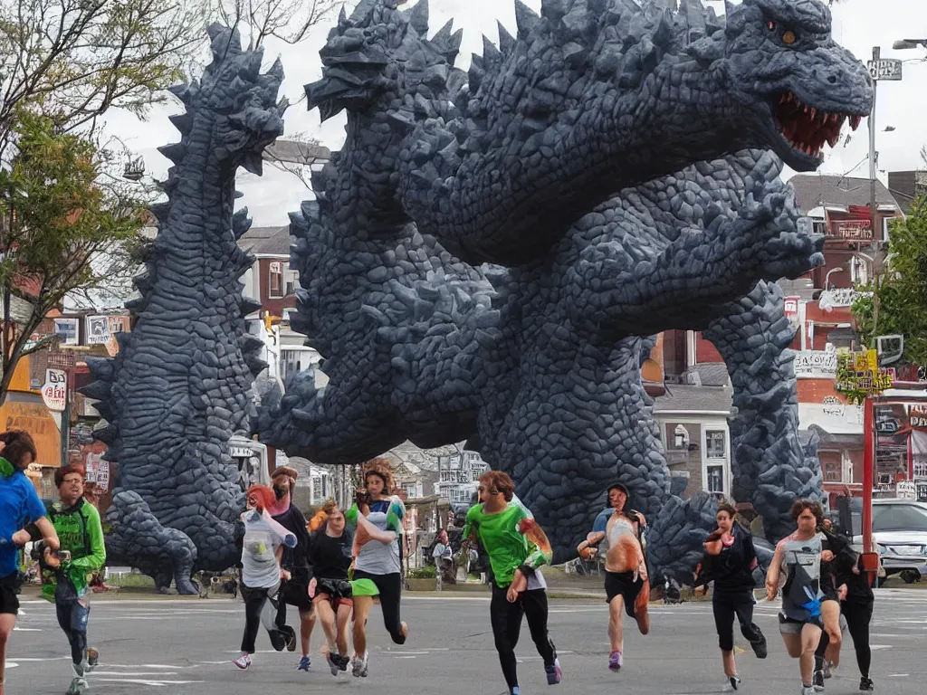 Prompt: Town running terrified from a giant inflatable Godzilla