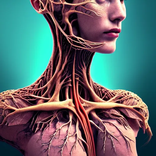 Image similar to a high quality photo of a young beautiful female queen-roots-dragon-cyborg bust with a very long neck and Mandelbrot fractal face, Mandelbrot fractal skin, flesh, anatomical, facial muscles, veins, arteries, elegant, highly detailed, flesh highly baroque ornate, hair are wired cables, elegant, high fashion, rim light, octane render, in the style of Flora Borsi, Realistic, Refined, Digital Art, Highly Detailed, Cinematic Lighting, dramatic colors scheme, photo-realistic, 8K