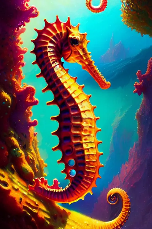 Image similar to highly detailed portrait of rainbow - colored seahorse, stephen bliss, unreal engine, fantasy art by greg rutkowski, rhads, ferdinand knab, makoto shinkai and lois van baarle, ilya kuvshinov, rossdraws, tom bagshaw, global illumination, radiant light, yellow blue theme, coral reef