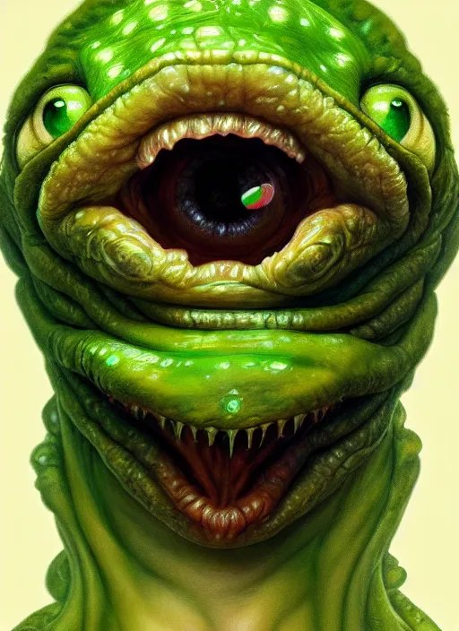 Prompt: slimy 4 chan pepe, drool, portrait, intricate, elegant, highly detailed, digital painting, artstation, concept art, wallpaper, smooth, sharp focus, illustration, art by h. r. giger and artgerm and greg rutkowski and alphonse mucha