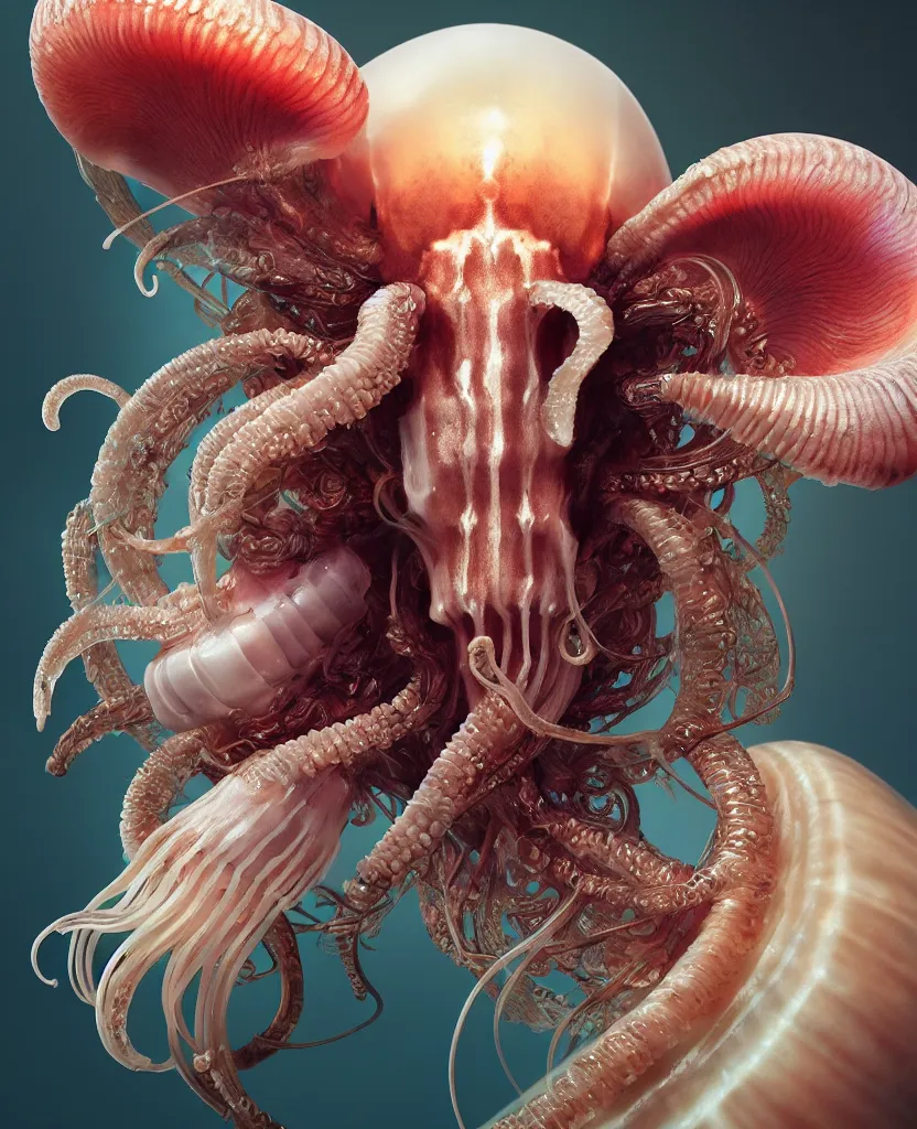 Image similar to goddess close-up portrait ram skull. jellyfish phoenix head, nautilus, orchid, ram skull, betta fish, bioluminiscent creatures, intricate artwork by Tooth Wu and wlop and beeple. octane render, trending on artstation, greg rutkowski very coherent symmetrical artwork. cinematic, hyper realism, high detail, octane render, 8k