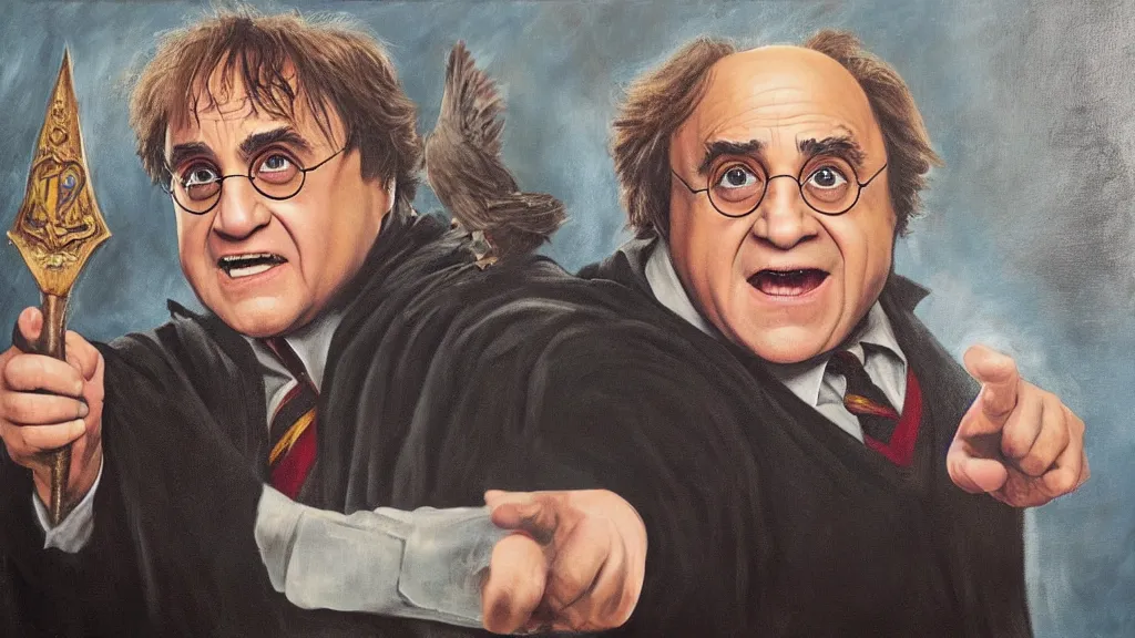 Prompt: Harry Potter played by Danny DeVito, oil painting