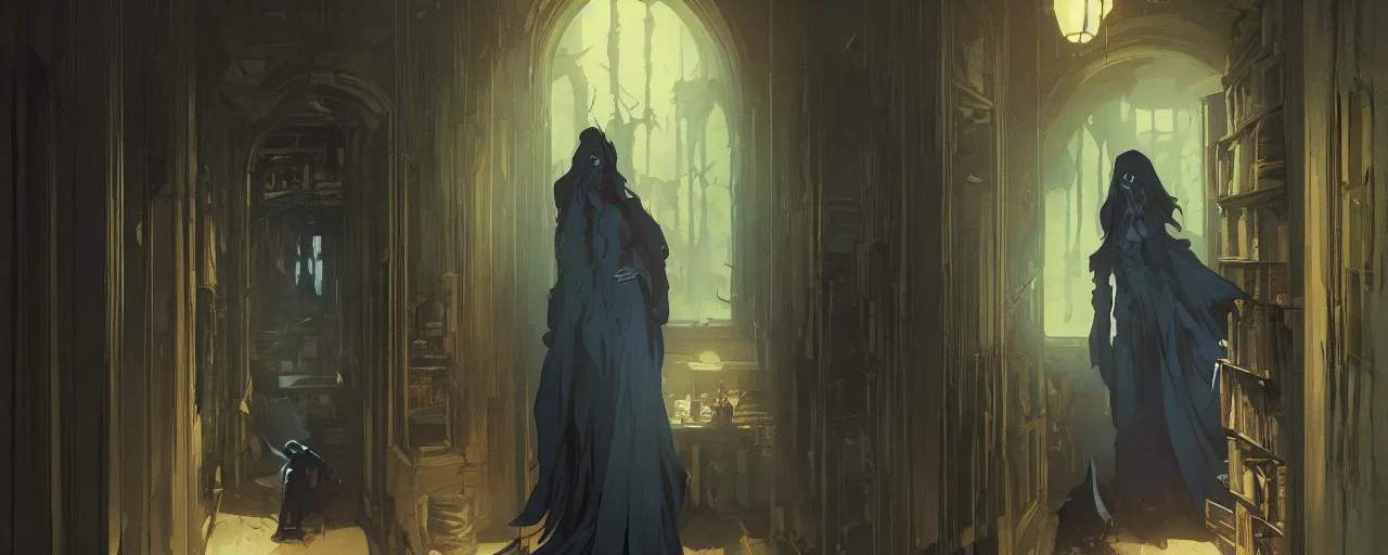 Image similar to dark scary horror corridor with bookshelves everywhere, artstation, concept art, smooth, sharp focus, ultra-wide illustration, dark blue color, art by and greg rutkowski and alphonse mucha