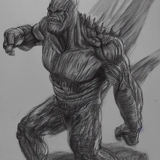Prompt: a court sketch of thanos getting sued by Godzilla