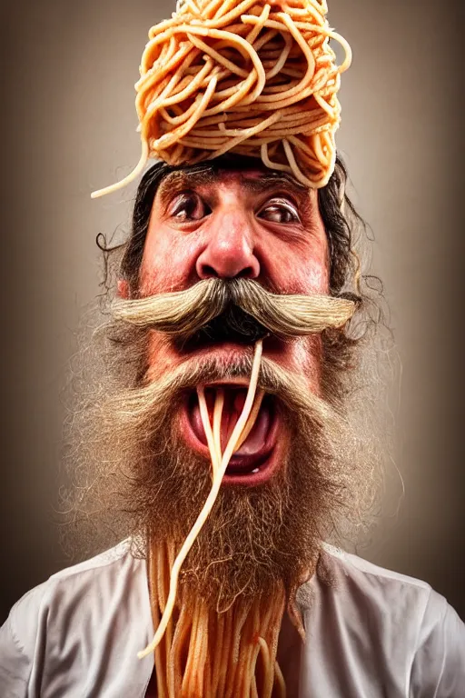 Image similar to extremely detailed portrait of old italian cook, spaghetti mustache, slurping spaghetti, spaghetti in the nostrils, spaghetti hair, spaghetti beard, huge surprised eyes, shocked expression, scarf made from spaghetti, full frame, award winning photo by jimmy eolo perfido