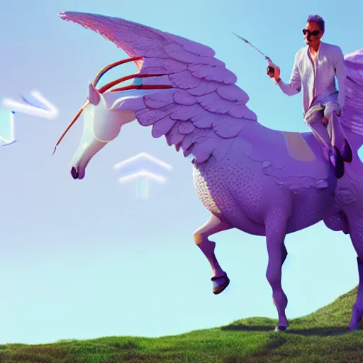 Image similar to jeff goldblum riding a winged unicorn, art by beeple, hyperrealistic