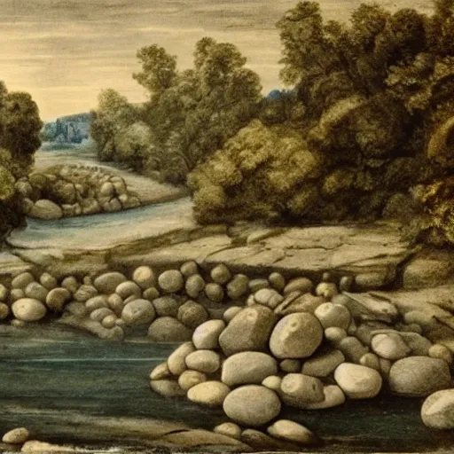 Prompt: detailed footage of european hunger stones in a river, photographic journalism, realistic, european river, 1 6 1 6 writing