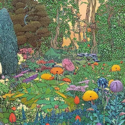 Prompt: an illustration of a beautiful garden, painted by moebius and james jean