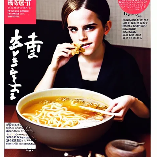 Image similar to emma watson eating from a big bowl of ramen in a japanese ryokan. travel magazine.