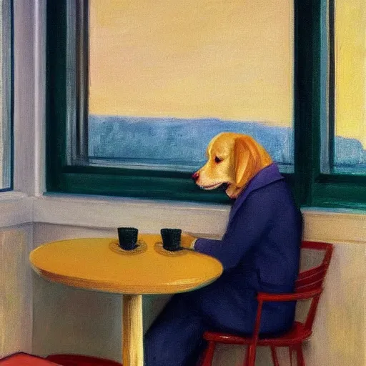 Image similar to Golden retriever puppy sitting at a diner drinking a cup of coffee, looking melancholy, edward hopper style