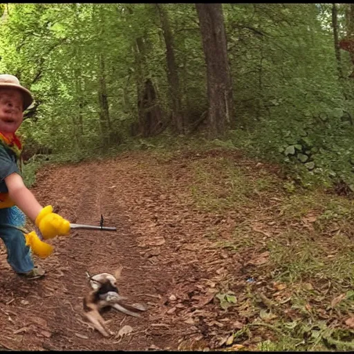 Prompt: Ronald McDonald trail cam footage