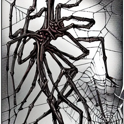 Image similar to grotesque human and spider hybrid, flesh and bone exposed, scary, spindly legs with a large web, junji ito manga art