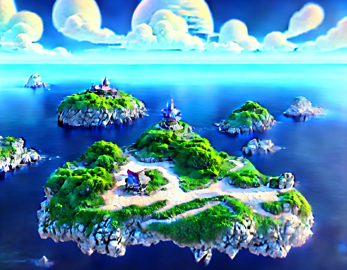 Image similar to ultra realistic illustration of magical island floating in the sky, serene evening atmosphere, soft lens, soft light, cel - shading, animation, in the style of cgsociety, deviantart, artstation, zbrush, cinema 4 d, studio ghibli, akihiko yoshida, atelier lulua, masamune shirow