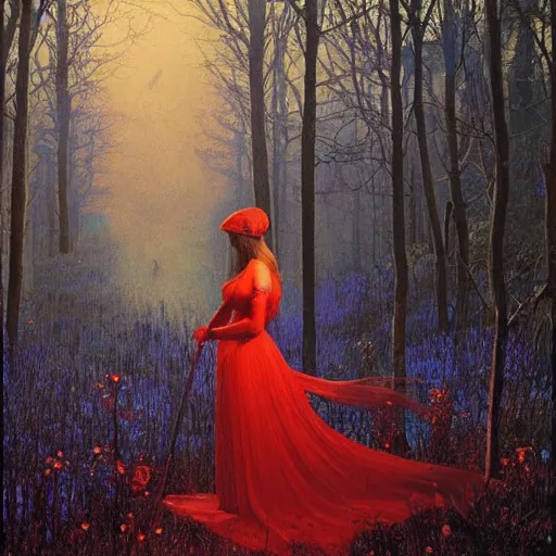 Image similar to the scarlet witch awaits her pursuers, victorian hunters, night time, deep forest, highly detailed, focus, mist nizovtsev, victor