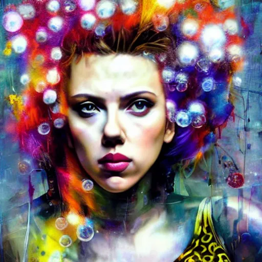 Image similar to scarlett johansson as delirium from sandman, ( hallucinating colorful soap bubbles ), by jeremy mann, by sandra chevrier, by dave mckean and richard avedon and maciej kuciara, punk rock, tank girl, high detailed, 8 k