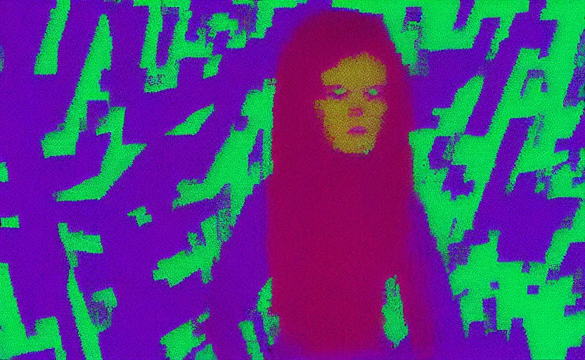 Prompt: vhs tape glitch video of a pixelated woman trying to escape hidden underneath a transluscent sheet, horror, moody vibe, vcr tape, 1 9 8 0 s analog aesthetic, static glitchiness, datamosh pixels