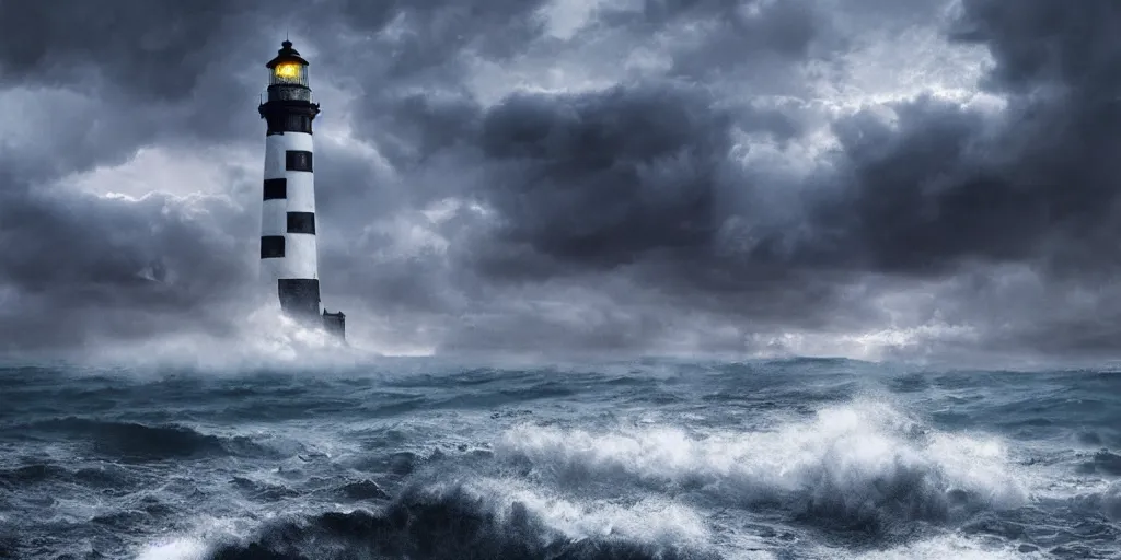 Prompt: stormy sea and dramatic sky, a lighthouse on a cliff, artstation, realistic, moody