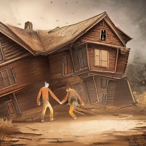 Image similar to concept art of two husbands leave each other inside a big wooden broken house, wide angle, 4K highly detailed