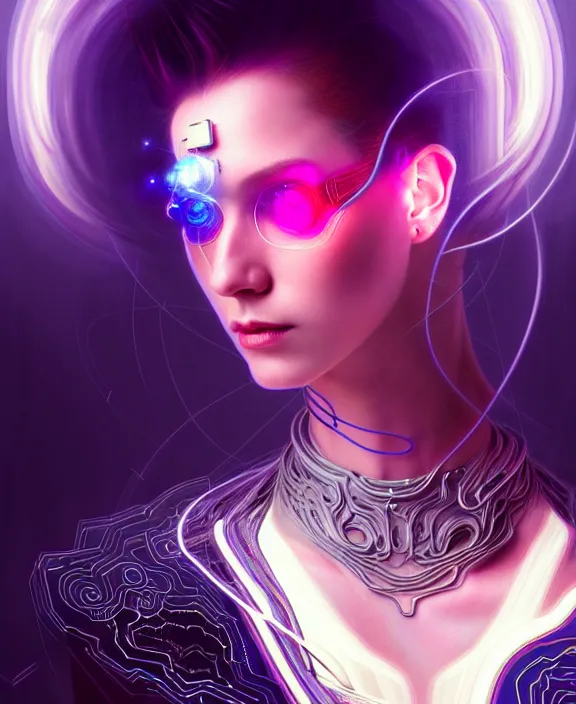 Image similar to a whirlwind of souls rushing inside the metaverse, hologram, half body, neurochip, shaved temple, piercing, jewelry, android, cyborg, cyberpunk face, by loish, d & d, fantasy, intricate, elegant, highly detailed, colorful, digital painting, artstation, concept art, art by artgerm and greg rutkowski and alphonse mucha