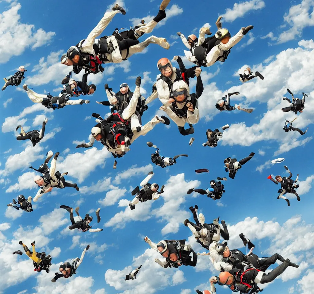 Image similar to many cats doing skydive from a big plane digital art, smooth, focus, highly detailed, hyper realistic