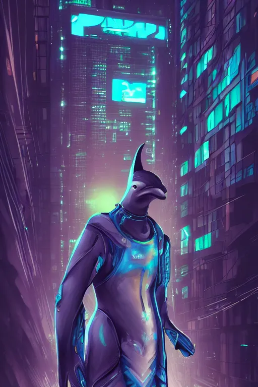 Image similar to beautiful portrait commission of a male anthro dolphin-headed character with a fin wearing cyberpunk clothes. Cyberpunk city at night